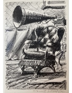 Gramofón s trúbou nad kreslom